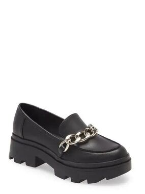 Black faux leather open edit Edellie Chain-Accent Platform Loafers for Women
